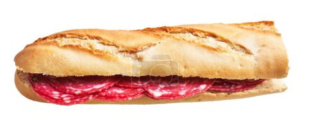 Photo for A crusty baguette sandwich filled with slices of salami, isolated on a white background. - Royalty Free Image