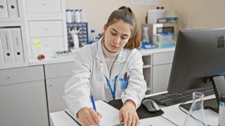 Téléchargez les photos : Jeune femme hispanique scientifique écrivant des notes dans un cadre intérieur de laboratoire. - en image libre de droit
