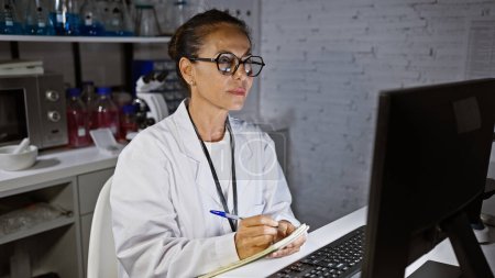 Foto de Mujer hispana con bata de laboratorio tomando notas en la computadora en un entorno moderno de laboratorio. - Imagen libre de derechos