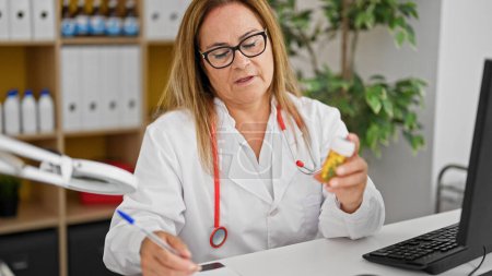 Téléchargez les photos : Moyen Age hispanique femme médecin tenant bouteille de pilules prendre des notes à la clinique - en image libre de droit