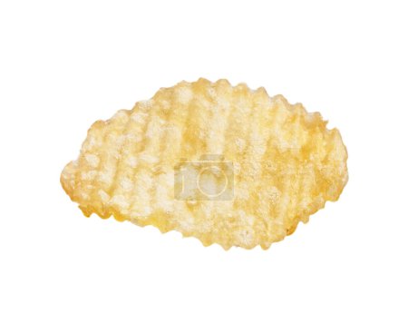 Single plain potato chip isolated on white background with visible texture and golden color.