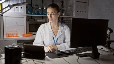Photo for Young blonde woman researcher working in a laboratory with computer and microscope - Royalty Free Image