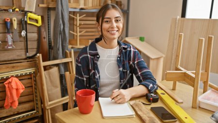 Photo for Smiling hispanic woman drafting plans in a well-organized carpentry workshop. - Royalty Free Image