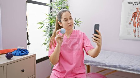 Téléchargez les photos : Une professionnelle de la santé en gommage rose tient une boule de massage lors d'un appel vidéo dans la salle de thérapie d'une clinique. - en image libre de droit