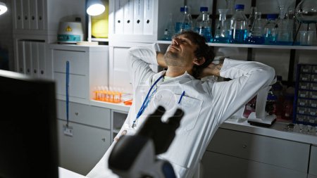Ein müder junger Mann im weißen Laborkittel macht Pause in einem Chemielabor, umgeben von wissenschaftlicher Ausrüstung..