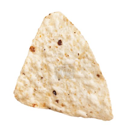 Close-up of a single tortilla chip isolated on a white background, perfect for food and snack themes.