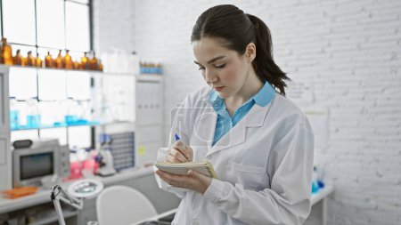 Photo for A focused young woman in a lab coat takes notes in a bright, modern laboratory with scientific equipment. - Royalty Free Image
