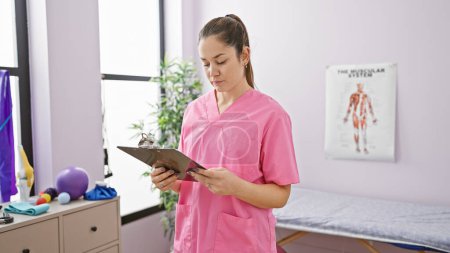 Téléchargez les photos : Une jeune femme concentrée dans des gommages roses examinant un presse-papiers dans une salle de clinique de réadaptation moderne avec un équipement de physiothérapie. - en image libre de droit