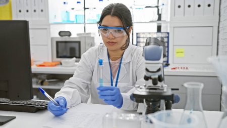 Photo for A young hispanic woman scientist analyzing samples in a laboratory with a pipette and microscope. - Royalty Free Image