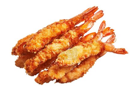 Téléchargez les photos : Crevettes dorées frites isolées sur fond blanc, parfaites pour les thèmes culinaires et les présentations de fruits de mer. - en image libre de droit