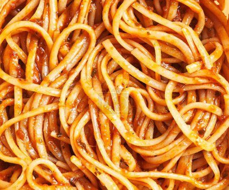 Téléchargez les photos : Vue rapprochée de délicieux spaghettis à la sauce tomate, soulignant la texture et la soucoupe des pâtes. - en image libre de droit