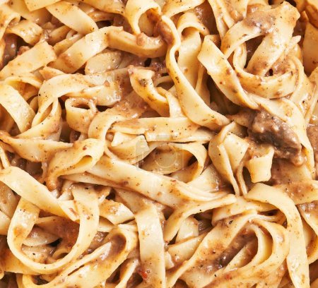 Photo for Close-up of beef stroganoff with fettuccine noodles, creamy sauce, and spices. - Royalty Free Image