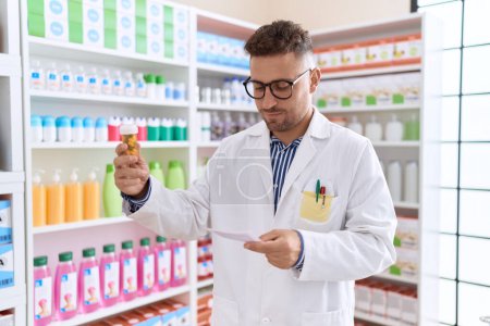 Téléchargez les photos : Jeune homme hispanique pharmacien tenant des pilules bouteille lecture prescription à la pharmacie - en image libre de droit