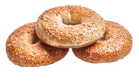 Photo for Three stacked sesame bagels isolated on white background, portraying freshness and simplicity suitable for food-related content. - Royalty Free Image