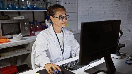 Téléchargez les photos : Chercheuse hispanique en lunettes travaillant à l'ordinateur dans un laboratoire moderne, entourée d'équipements scientifiques. - en image libre de droit