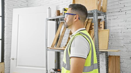 Photo for Handsome hispanic man wearing safety vest and goggles, stands in a carpentry studio with wooden planks. - Royalty Free Image
