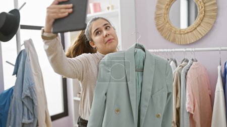 Photo for A thoughtful young hispanic woman selects a blazer in a modern wardrobe room - Royalty Free Image