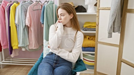 Photo for Pensive young woman sitting in a colorful wardrobe room, surrounded by various clothes. - Royalty Free Image
