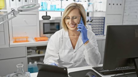 Foto de Una científica sonriente usando un teléfono inteligente en un laboratorio moderno en el interior. - Imagen libre de derechos