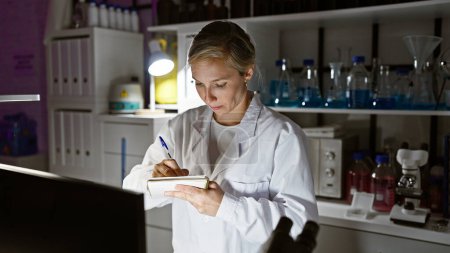 Foto de Científica caucásica enfocada escribiendo notas en un laboratorio, rodeada de equipo de laboratorio y cristalería. - Imagen libre de derechos