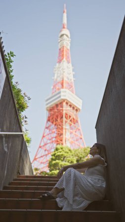 Téléchargez les photos : Belle femme hispanique dans des lunettes perchées sur les escaliers, un portrait de la modernité urbaine à l'endroit célèbre tour de tokyo - en image libre de droit