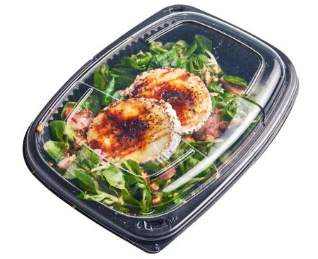 Photo for Seared scallops on a bed of arugula in a black takeout container, suggesting a gourmet meal prepared for delivery. - Royalty Free Image