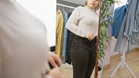 Photo for Young hispanic woman trying on clothes in a well-lit dressing room, reflecting style and beauty. - Royalty Free Image