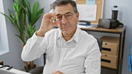 A mature businessman in glasses poses in a modern office, conveying professionalism and confidence.