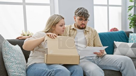 Besorgtes junges Paar begutachtet Papierkram auf einem Sofa drinnen und hält ein Paket in einem gut beleuchteten Wohnzimmer.