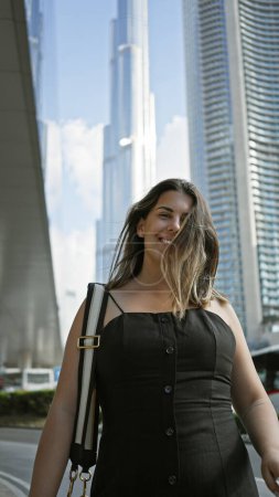 Photo for A smiling young adult hispanic woman in a dress poses in front of the iconic burj khalifa tower in downtown dubai, uae. - Royalty Free Image