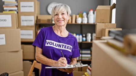 Photo for Mature woman volunteering at a warehouse takes notes among labeled boxes indoors. - Royalty Free Image