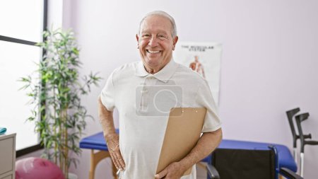 Téléchargez les photos : Homme âgé souriant tenant avec confiance le presse-papiers en tant que physiothérapeute dans une clinique de réadaptation - en image libre de droit