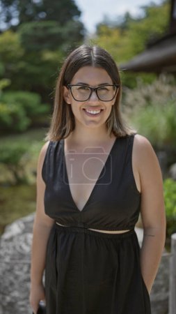 Joyful and confident, a beautiful hispanic woman in glasses stands by the serene ginkaku-ji temple, her cheerful smile embracing the beauty of kyoto's zen garden