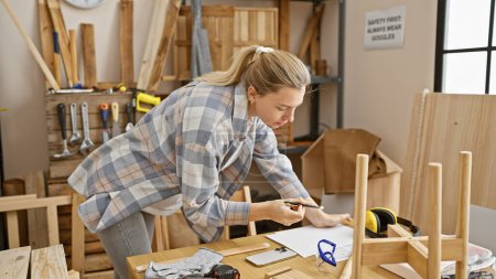 Téléchargez les photos : Une jeune femme concentrée mesure des pièces de bois dans un atelier de menuiserie encombré - en image libre de droit