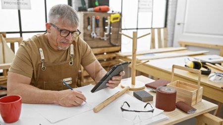 Téléchargez les photos : Un homme aux cheveux gris dans un atelier utilisant une tablette et prenant des notes tout en fabriquant du bois. - en image libre de droit