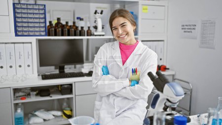 Foto de Científica sonriente, una hermosa joven hispana exudando confianza con los brazos cruzados en el laboratorio - Imagen libre de derechos