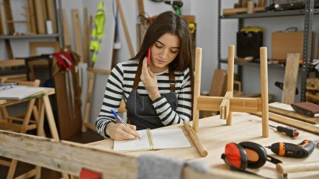 Téléchargez les photos : Une jeune femme réfléchie dessine des dessins dans son atelier de menuiserie, entourée d'outils et de bois. - en image libre de droit