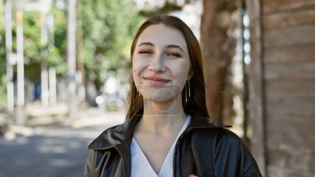 Téléchargez les photos : Jeune femme brune souriante debout dans une rue urbaine ensoleillée avec un fond de ville flou. - en image libre de droit