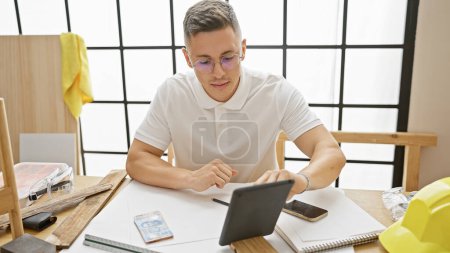Jeune homme hispanique examinant des plans sur une tablette dans un atelier de menuiserie.