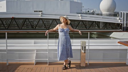 Téléchargez les photos : Femme souriante en robe bleue profitant de la lumière du soleil sur le pont de bateau de croisière avec fond d'océan. - en image libre de droit