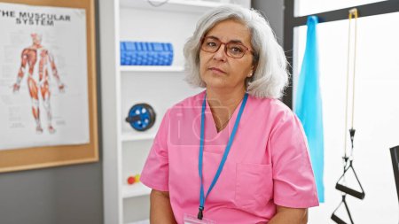 Photo for A grey-haired woman in a pink scrubs standing confidently in a medical rehabilitation room with exercise equipment. - Royalty Free Image