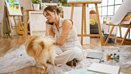 Photo for Young hispanic female artist earnestly talking on smartphone while sitting with her dog on studio floor amidst paints and canvas - Royalty Free Image