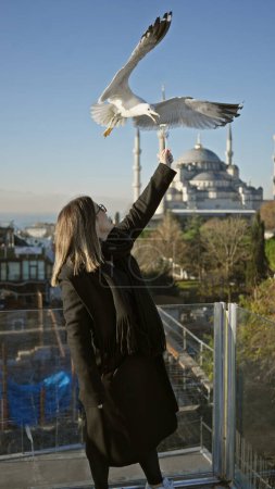 Téléchargez les photos : Une femme nourrit une mouette avec un fond de mosquée à Istanbul, dépeignant l'interaction, la culture et les voyages. - en image libre de droit