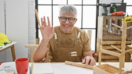 Foto de Hombre maduro sonriente con pelo gris con gafas y delantal haciendo gestos en un brillante taller de carpintería - Imagen libre de derechos