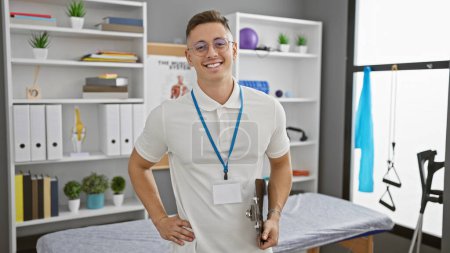 Photo for A confident young man wearing glasses and a polo shirt, with a lanyard and clipboard, smiles in a well-lit rehabilitation clinic. - Royalty Free Image