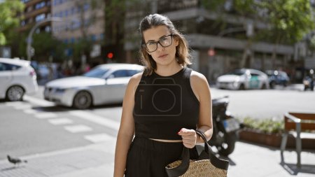Confident hispanic woman, an adult with a serious expression, standing in beautiful madrid's urban street, thinking, eyes concealed by glasses. outdoor portrait of a radiant beauty.