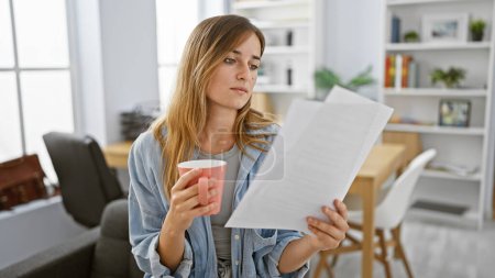 Photo for Focused young blonde woman employee, consumed in work, reading vital business document while savoring morning espresso indoors at her office - Royalty Free Image