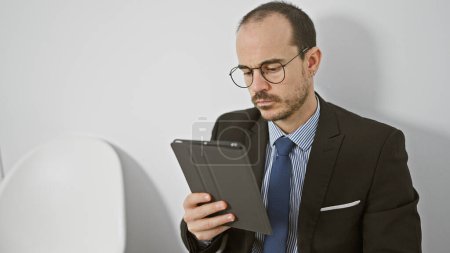 Serious bald businessman with glasses reading tablet in minimalist office setting