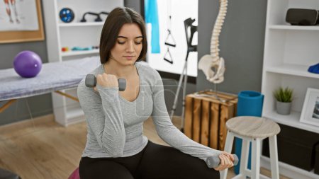 Foto de Mujer hispana joven haciendo ejercicio con pesas en el gimnasio de una clínica de rehabilitación. - Imagen libre de derechos