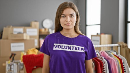 Photo for At the heart of community service, young, beautiful hispanic woman volunteers her time, standing in uniform with a serious face indoors at charity center, a warehouse filled with donations. - Royalty Free Image